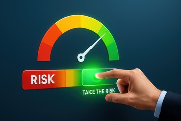 Hand Pressing Button to Take the Risk on a Risk Meter with Colorful Indicator in a Business Concept Illustration