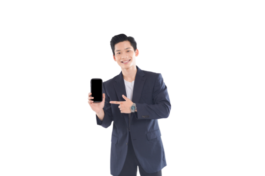 Asian businessman browsing content, thoughtful expression in modern office