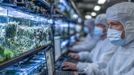 Scientists in cleanroom suits monitoring rows of transparent fermentation tanks filled with lab-grown meat cells under controlled conditions