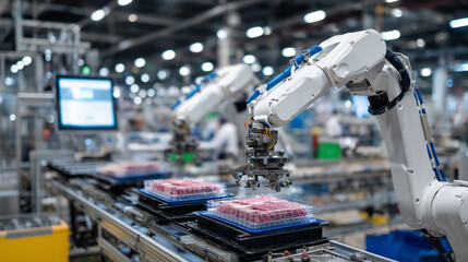 Robotic arms precisely handling cell culture trays inside an automated meat production facility, sleek machinery and digital controls in the background
