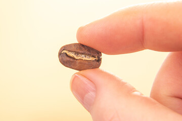 minimalist close-up of a hand holding a single roasted coffee bean, split to show its inner...