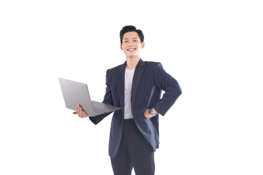 Full-body shot of Asian businessman working on laptop, neutral expression
