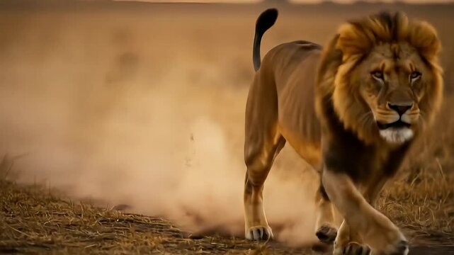Majestic male lion with a full mane running powerfully across the savanna.