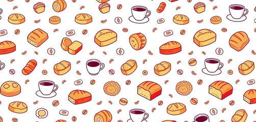 Delightful repeating pattern featuring coffee cups, pastries, and bread icons on a white background,  sweet,  wallpaper