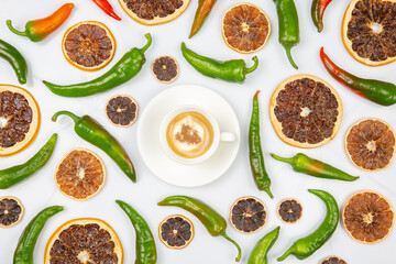 Cappuccino in a white cup centered among dried orange slices and green chili peppers, offering a bold contrast of flavors and colors on a minimalist white background