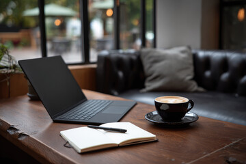 Black laptop with blank screen, open notebook with pen, and cup of coffee on wooden table in cozy cafe setting with leather sofa and large windows