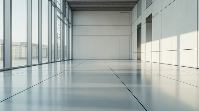 Empty office lobby interior features large windows a glossy tiled floor and neutral walls - Powered by Adobe