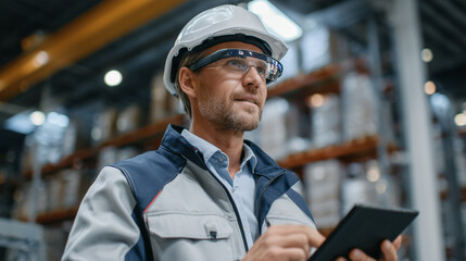 Logistics manager using augmented reality glasses to visualize cold chain status overlays on refrigerated storage units in a large warehouse