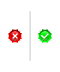 Vector illustration of red cross and green check mark with glossy buttons and dividing line. Suitable for indicating approval and rejection in design and illustrations.