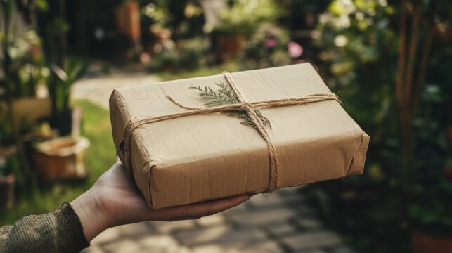 Hand holds wrapped brown paper parcel tied with string and decorated with a small green sprig