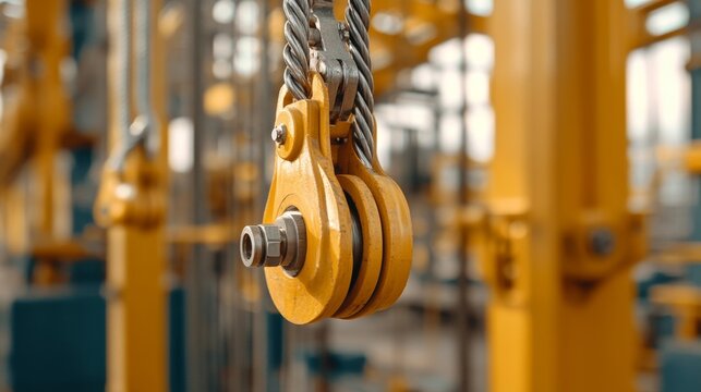 Yellow industrial pulley block suspended by steel cables with blurred yellow structural support in