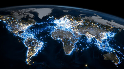 Interactive digital map showing global cold chain routes with highlighted temperature-controlled zones and sensor data pop-ups