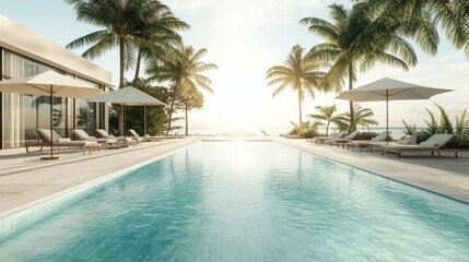 Obraz premium Swimming pool overlooks the ocean with palm trees lounge chairs and umbrellas