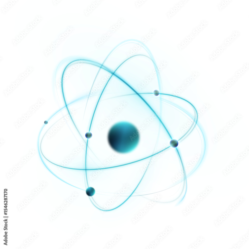 Poster model of an atom with electrons rotating around the nucleus, on a white background. used for illustr
