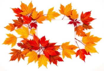 Empty card nestled among vibrant autumn leaves on pristine white backdrop,  maple,  thanksgiving