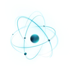Model of an atom with electrons rotating around the nucleus, on a white background. Used for illustrations of science visualization, energy, and nuclear physics.