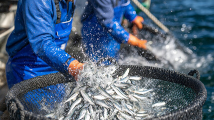 Obraz premium Fishermen releasing juvenile fish back into the sea using hatchery-bred stock to replenish natural populations, monitored by digital tagging
