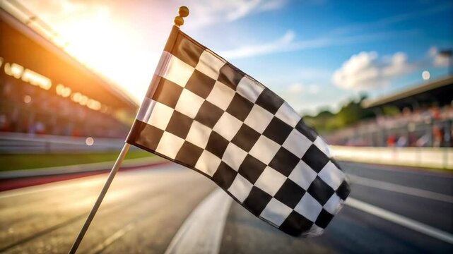 Dramatic Shot of Waving Checkered Flag at High-Speed Racing Track with Blurred Background