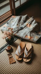 Yukata Wind Chime Visual, Yukata with Wind Chime and Geta on Tatami Surface, Minimalist Japanese Summer Composition Featuring Yukata with Wind Chime, Traditional Summer Items with Soft Ambient Light