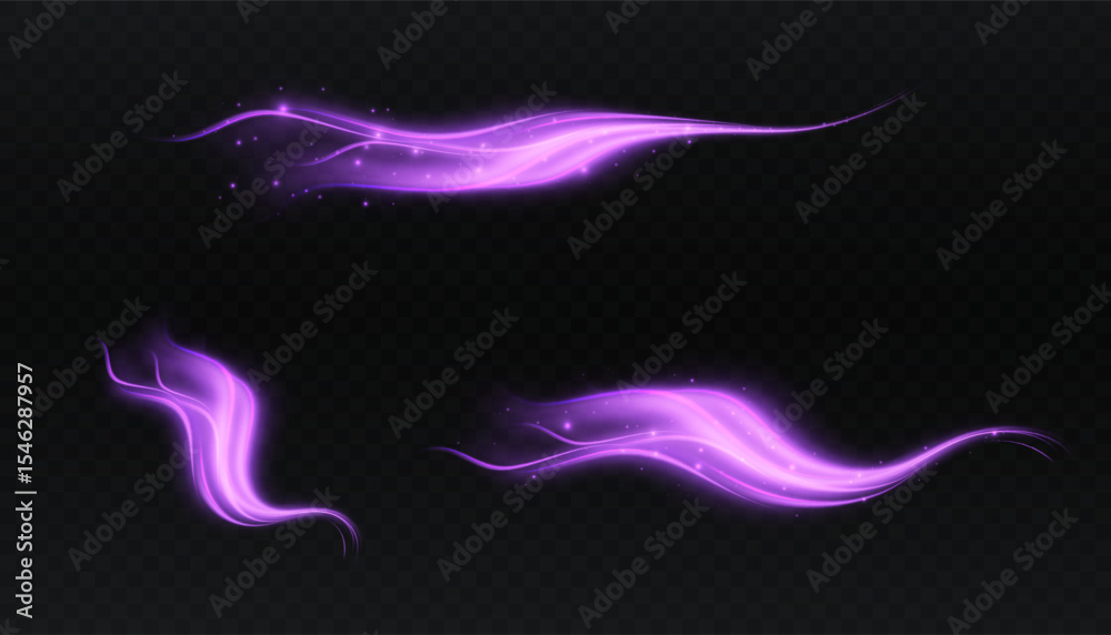 Poster soft glowing streams of purple light with wave shapes and shining particles. suitable for fairy tale