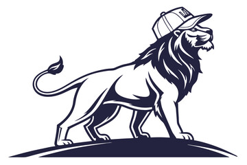 A strong blue lion is confidently poised wearing a cap, standing with noble grace
