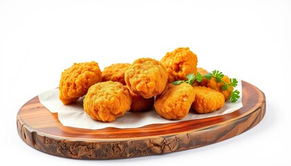 Golden chicken nuggets on rustic wooden board, white backdrop,  breakfast,  crispy