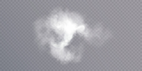 Clouds of white smoke or steam with realistic texture on transparent background. Vector smoke to simulate fog, cold breath, magic effect or explosion.