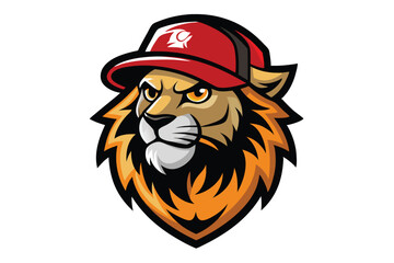 Intense lion mascot with an orange mane dons a red baseball cap proudly