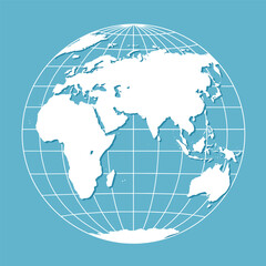 World globes maps set. Europe, Asia, North and South America, Oceania, Africa globe maps. Earth globe icons isolated on blue background. Vector illustration