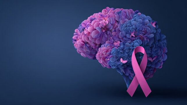 Pink Ribbon on Bouquet of Flowers for Brain Tumor Awareness