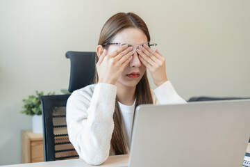 Eye problem concept, fatigue asian young woman tired eyes, irritated rubbing eye dry relief vision...