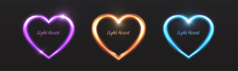 Colorful glowing hearts with beautiful glow and shimmer of bright glitter. Vector light effect for romantic and love designs and illustrations.