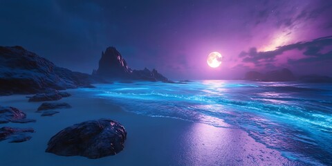Ethereal Nightscape Bio Luminescent Beach Under a Purple Sky