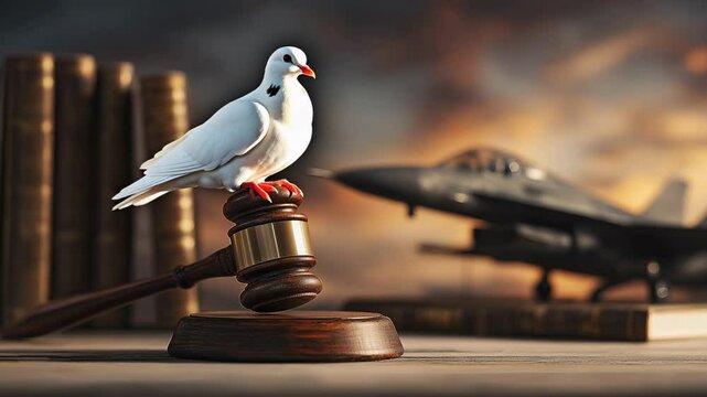 International Conflict Resolution Through Law and Diplomacy, Judge Gavel with Blurred Military Aircraft, Peaceful Settlement of Armed Disputes, International Humanitarian Law and Diplomatic, Video