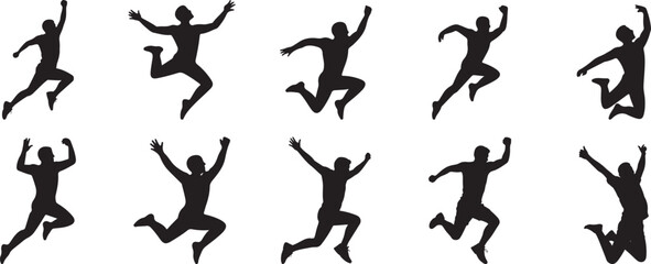 Silhouettes of men jumping high in the air. eps-10
