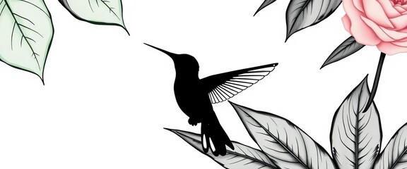 Fototapeta premium Minimalist ink hummingbird silhouette on tropical leaf sketch background, sketch, wallpaper
