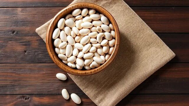 White beans in wooden bowl on rustic wood table with fabric