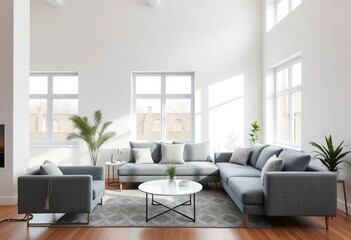 Fototapeta premium Modern grey fabric sofa in bright living room with natural light, decor, light