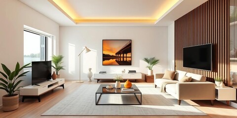 Modern living room, light walls, stylish decor, minimalist furniture,  interior design,  contemporary