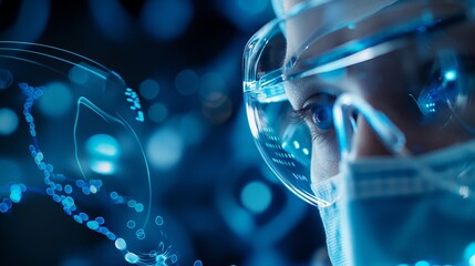 Scientific professional examining holographic data stream, wearing protective gear, conducting advanced medical research in high tech laboratory setting, scientist