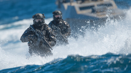 Naklejka premium Military divers emerging from water beside stealthy fast attack craft