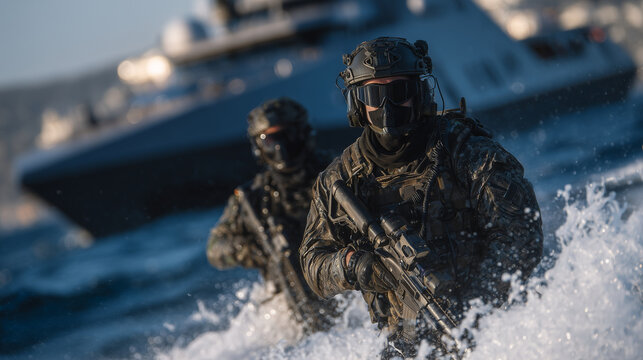 Military divers emerging from water beside stealthy fast attack craft