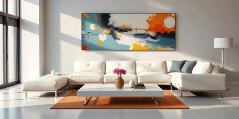 Modern minimalist living room with sleek sofa, coffee table, and abstract art,  relaxation,  art
