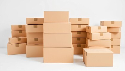 Fototapeta premium Neat stack of beige cardboard boxes on white background, storage, boxes