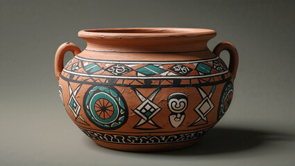 An intricately decorated ancient ceramic pot with handles and detailed ethnic patterns