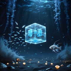 Ice cube in deep sea water with blue fish 