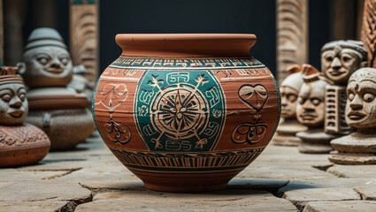 An ornate terracotta pot decorated with intricate designs set amongst african sculptures