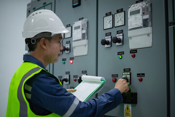 Electrical substation room with engineer inspecting control panel and switches while holding...