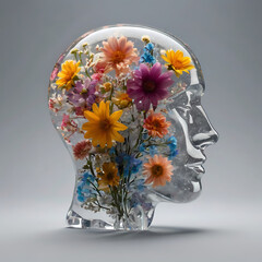 A transparent head-shaped crystal filled with blooming flowers and glowing particles, symbolizing positive mental health and self-love