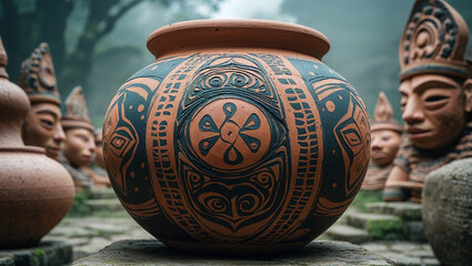 Ancient ceremonial pottery vessel with intricate geometric patterns surrounded by similar ceramic figures